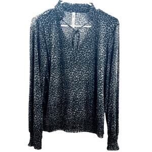 Ny Collection Sheer Gray/Black Cheeta Print Blouse Large